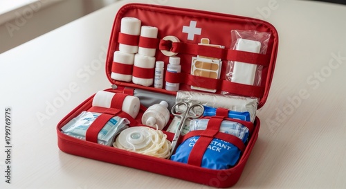 Open first aid kit with medical supplies and bandages on table, bright interior, copy space