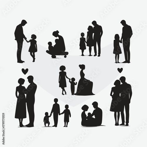 silhouette of father with son, father with daughter, couples, loving moment, mother, parents