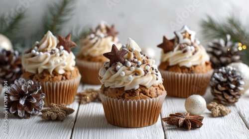 These charming Christmas cupcakes boast generous cream frosting, decorated with sweet stars and sprinkles. Perfectly themed for holiday festivities, they bring joy to any gathering