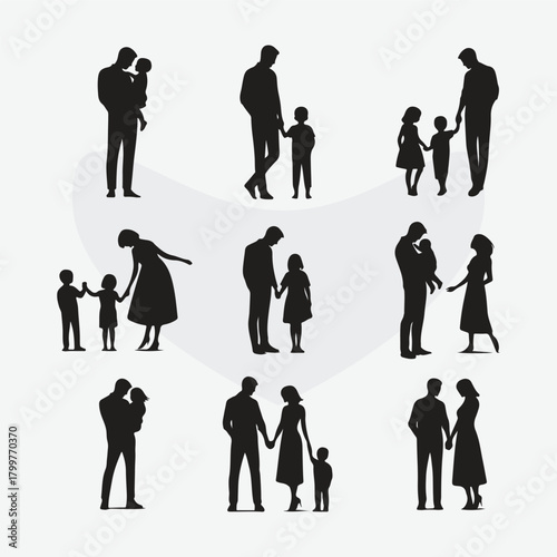silhouette of father with son, father with daughter, couples, loving moment, mother, parents