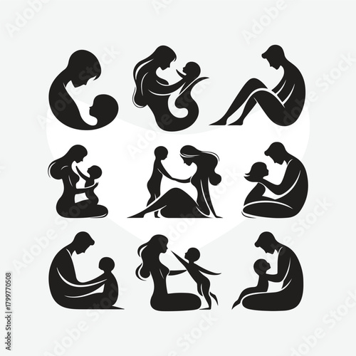 silhouette of father with son, father with daughter, couples, loving moment, mother, parents