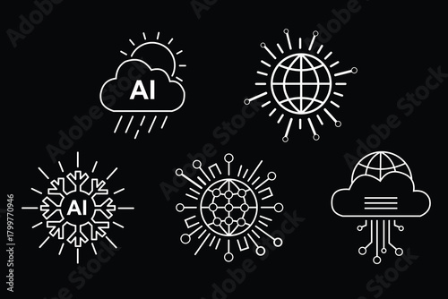 AI Cloud Vector Icons: Global Network Data Technology Symbols