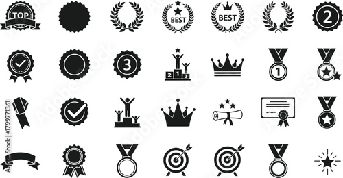 Collection of black and white award icons representing achievement success and recognition in a grid layout