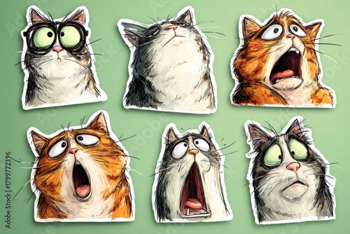 Cartoon cats in sticker form showing shocked and surprised facial expressions