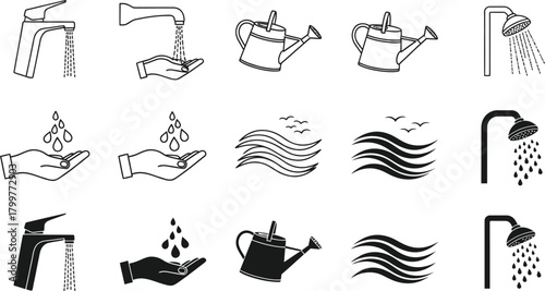 Collection of hand drawn water icons including faucets showers watering cans and hands with flowing water