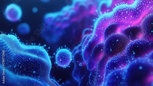 Microscopic bioluminescent organisms colonizing cellular surface in blue and purple