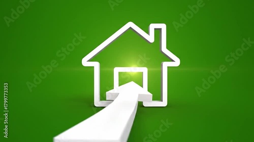Green Background with Animation of a Glowing House and Arrow Representing Home Buying, Real