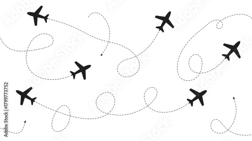 Multiple black airplane icons flying along dashed travel routes, illustrating global aviation, air transport, movement, and navigation concepts
