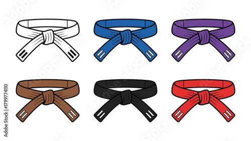 Martial arts ranking belts vector illustration displaying white, blue, purple, brown, black, and red for skill, discipline, and achievement.