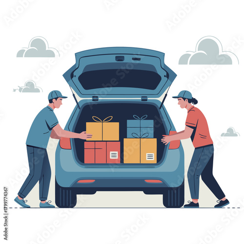 Smiling businessman standing with his senior mechanic near an auto service vehicle for repair and transportation business