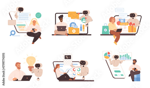 AI-powered bots collaborate with people in programming, analytics, research, writing, and creative tasks, enhancing productivity and teamwork in digital workspaces vector illustration