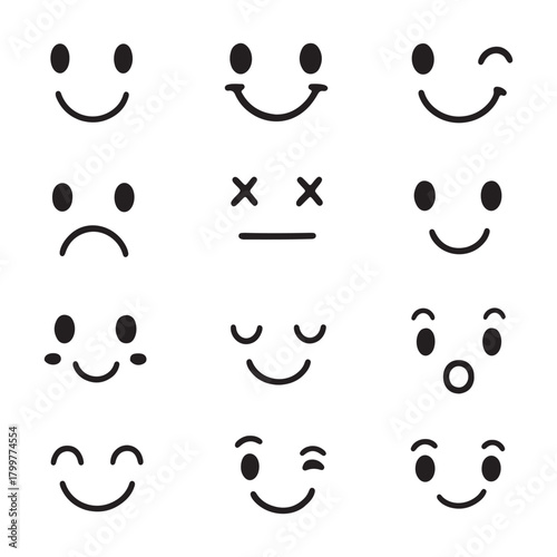 Minimalist emoji faces showing various emotions including happy, sad, surprised, and winking, perfect for chat, avatar, or decoration use, isolated on white background vector illustration