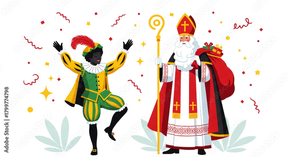 Naklejka premium Sinterklaas greeting card. Festive day in Netherlands, Belgium. Saint Nicholas and Zwarte Piet on Dutch city. Holland holiday Celebration concept for children european party in day five december