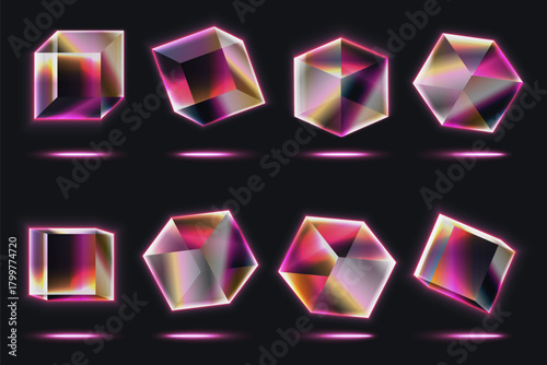 Vivid glass neon cubes with glowing edges and crystal reflections, showcasing futuristic geometric shapes and vibrant lighting effects on a dark background vector illustration