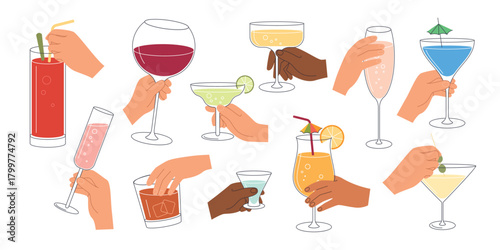 Various hands holding different alcoholic drinks, including cocktails, wine, and champagne, celebrating together in a festive party scene isolated on white background vector illustration