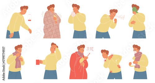 Sick man showing cold and flu symptoms like coughing, sneezing, fever, headache, sore throat, tiredness, and chills, isolated on white background vector illustration