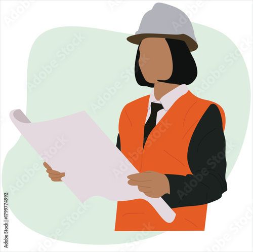 female construction employee holding paper. Engineer holding a blueprint.
