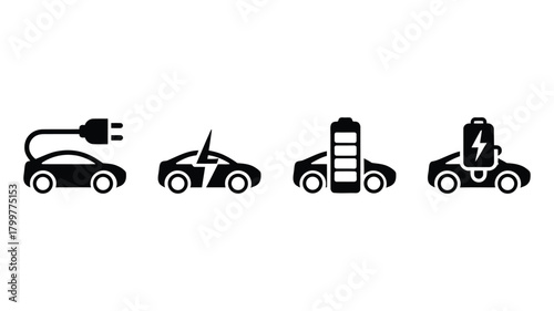 Electric vehicle charging and battery icon set. essential symbols for ev technology, sustainable transport, green energy, power, eco-friendly future mobility.