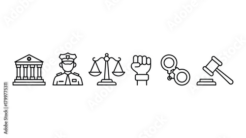 Legal system outline icons set with courthouse, police officer, scales of justice, raised fist, handcuffs, and gavel, representing law and order.