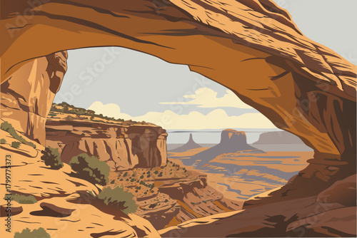 Ancient canyon arch formations, bold negative-space shapes, warm rock textures, modern vector depth