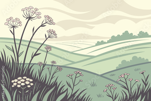 Bright spring meadow with stylized flower clusters, layered rolling hills, dreamy sky blur effect