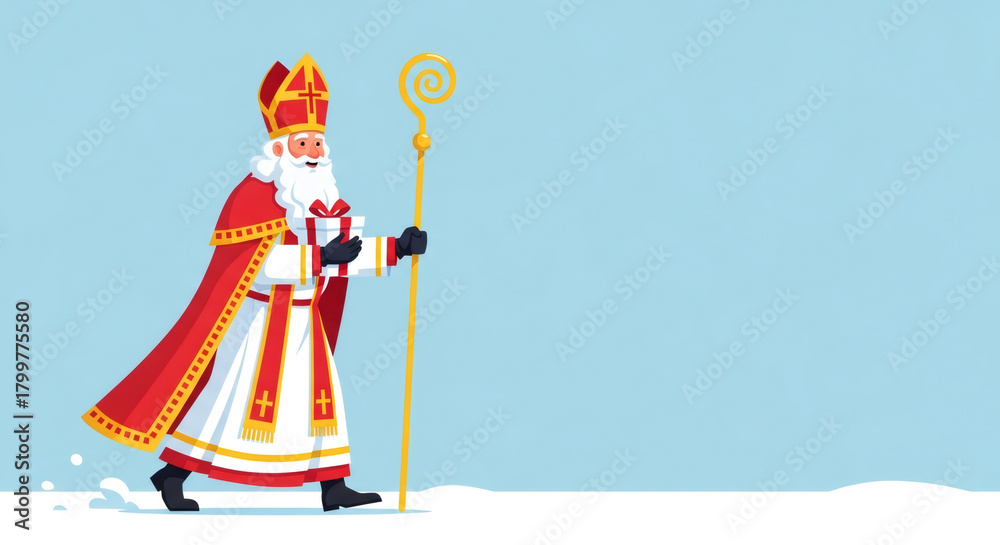 Obraz premium Sinterklaas with gift box, Dutch Saint Nicholas day in Netherlands. Greeting card for holland holiday. Celebration concept for children european party in Saint Nicolas day five december.