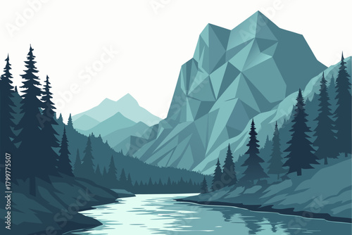 Geometric mountain valley using polygonal shapes, cool-toned reflections in calm river, clean symmetry
