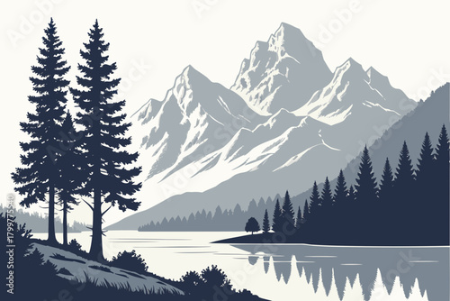 Minimal alpine lakeside with smooth reflections, crisp mountain edges, cool monochrome tones
