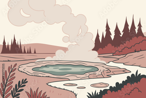 Steamy geothermal landscape with hot springs, rising vapor layers, soft pastel environment