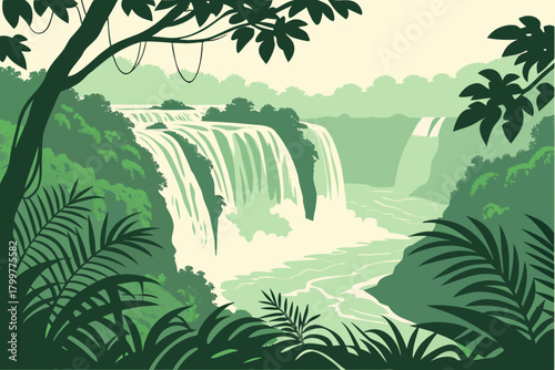 Tropical waterfall scene with layered falling water bands, lush foliage patterns, subtle mist halo