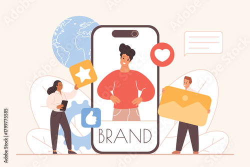 Modern digital branding concept showing people building personal brand presence online with social media icons, smartphone, and global communication elements vector illustration