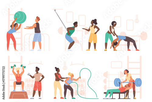 Diverse personal trainers guide athletes through strength, cardio, and flexibility exercises in a modern gym, focusing on teamwork, motivation, and professional instruction vector illustration