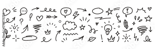 Line marker hand drawn brush arrow element set. Sketch pencil stroke vector graphic pen underline scribble icon. Hand drawn line heart, crown, star symbol highlight marker shape. Vector illustration