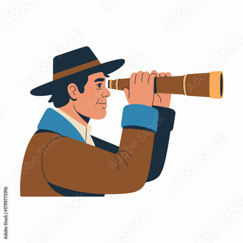 A flat vector illustration of a detective or explorer in a hat, looking through a telescope or spyglass. Represents searching or investigation.