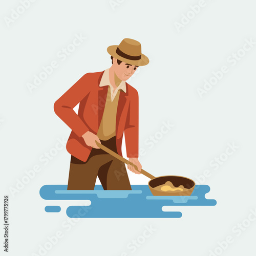 A flat vector illustration of a farmer or worker washing vegetables in a tub. Represents organic food, farming, or manual labor.