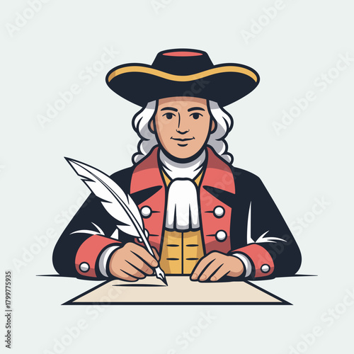 A flat vector illustration of a historical figure, like a poet or author, writing with a quill pen at a desk.