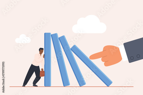Businessman preventing falling dominoes with large hand pushing, symbolizing proactive crisis management, risk prevention, and overcoming business challenges, vector illustration
