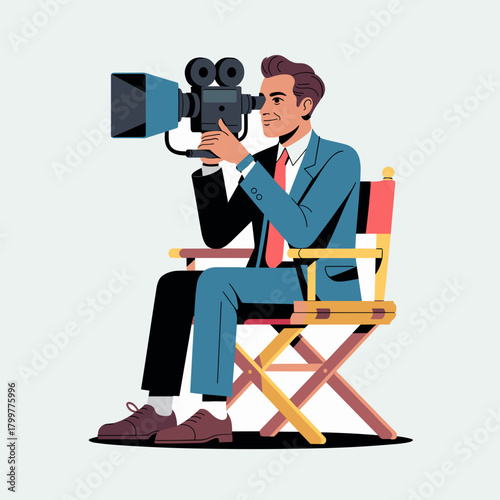 A flat vector illustration of a film director or cameraman sitting in a chair, looking through a movie camera.