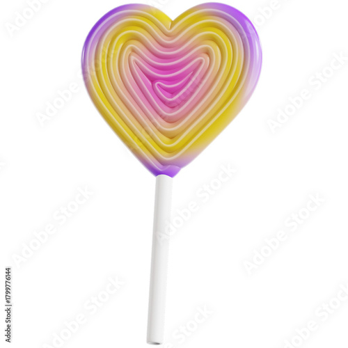 A Swirled Heart-Shaped Lollipop with a White Stick Against a White Background