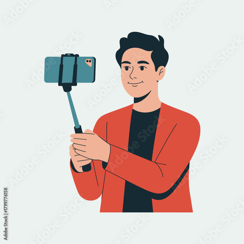 Flat vector illustration of a male vlogger or influencer, holding a camera on a selfie stick and talking. Represents content creation and social media.