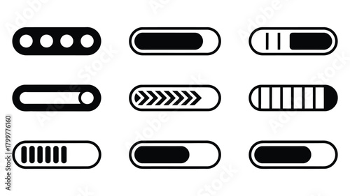 Diverse collection of minimal progress bar, loading, and status indicator icons for modern user interface design, representing data processing, download, and task completion.