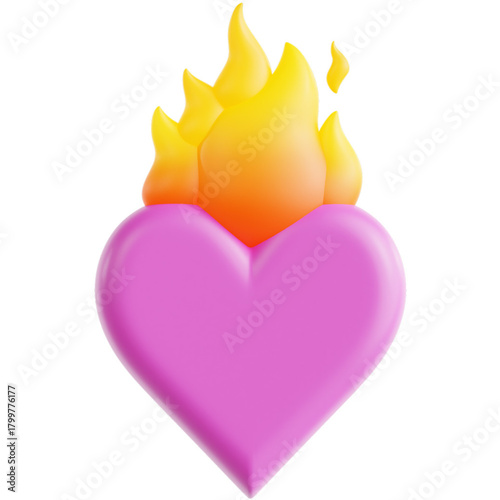 Vibrant 3D Rendered Pink Heart Aflame Symbolizing Passionate Love and Intense Emotion, Ideal for Romantic Concepts and Digital Art Designs
