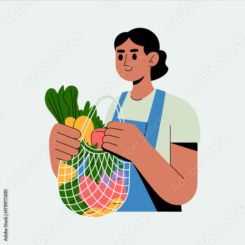 Flat vector illustration of a female grocer or farmer holding a paper bag full of fresh produce, including vegetables. Represents healthy eating or local food.