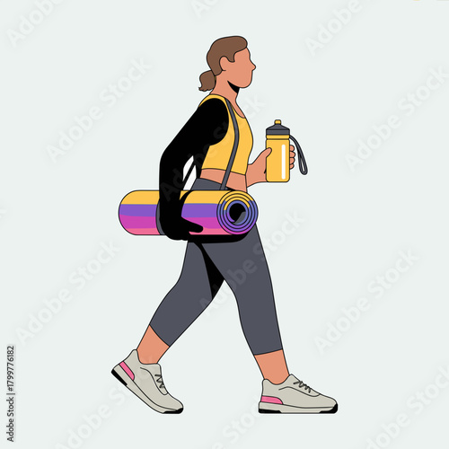 Flat vector illustration of a woman walking while holding a yoga mat and a water bottle. Represents a healthy lifestyle, wellness, or going to the gym.