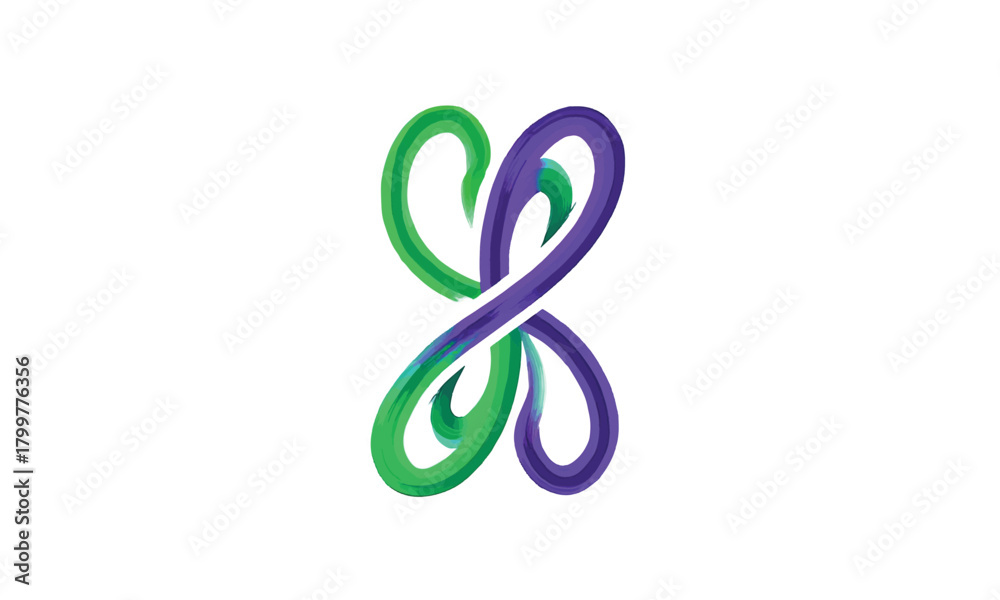 Fototapeta premium Green and purple intertwined abstract symbol, infinity loop vector logo design