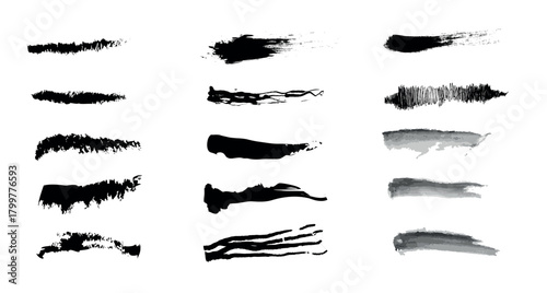Collection of various hand drawn ink brush strokes and grunge lines for artistic design, painting, or creative backgrounds, isolated on white background vector illustration