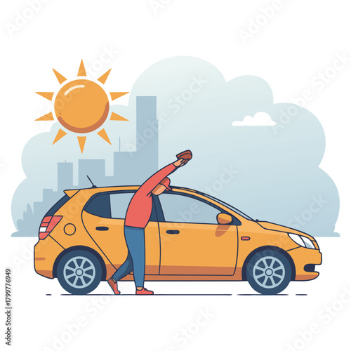 Cartoon vector illustration of a family car driving on a coastal road during a summer vacation trip under the sun and sky