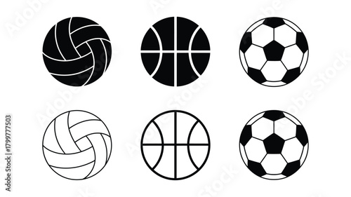 Set of six black and white sports ball icons: volleyball, basketball, and soccer ball in both solid and outline vector styles, ideal for web design
