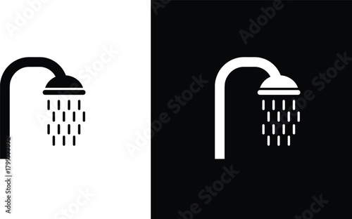 Bathroom shower head icon with water drops, hygiene and cleaning symbol, black and white minimal vector illustration for plumbing and washroom design