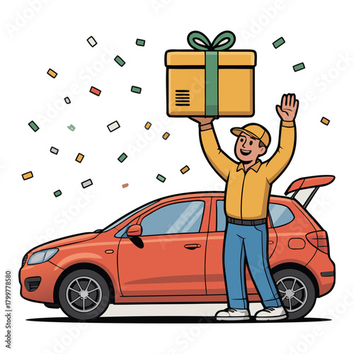 Funny vector cartoon illustration of a man driver in a red car giving a gift box to a woman passenger, symbolizing fun transport and travel
